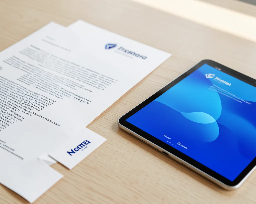 Briefbogen und Visitenkarte mit Platzhaltertext auf einem hellen Holztisch, daneben ein Tablet mit einer blauen Website-Vorschau